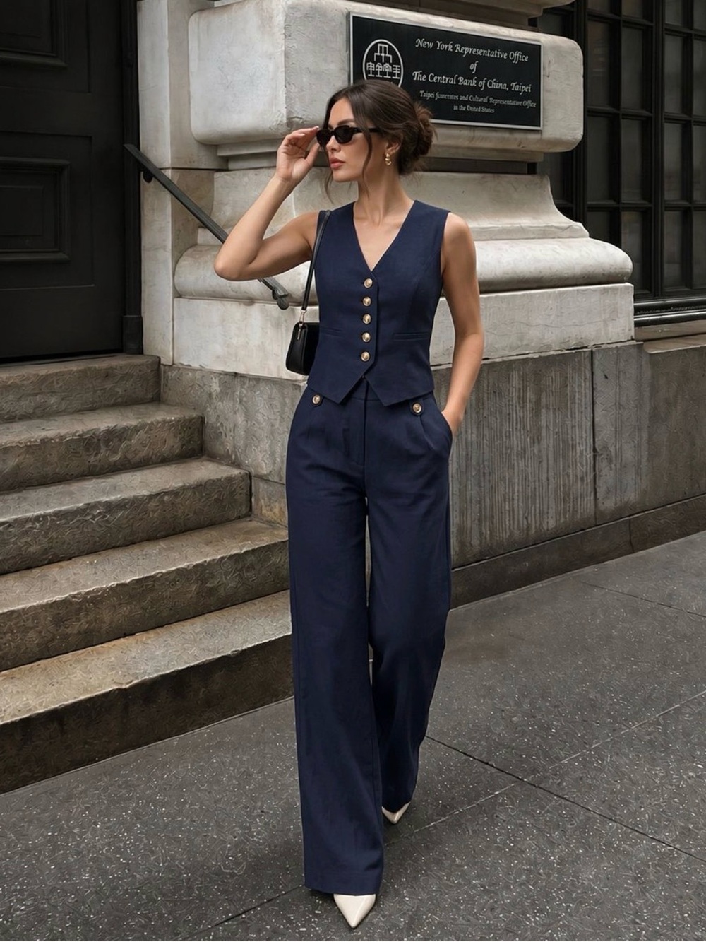Commense Navy Button-Front Sleeveless Vest & Wide-Leg Pants Set